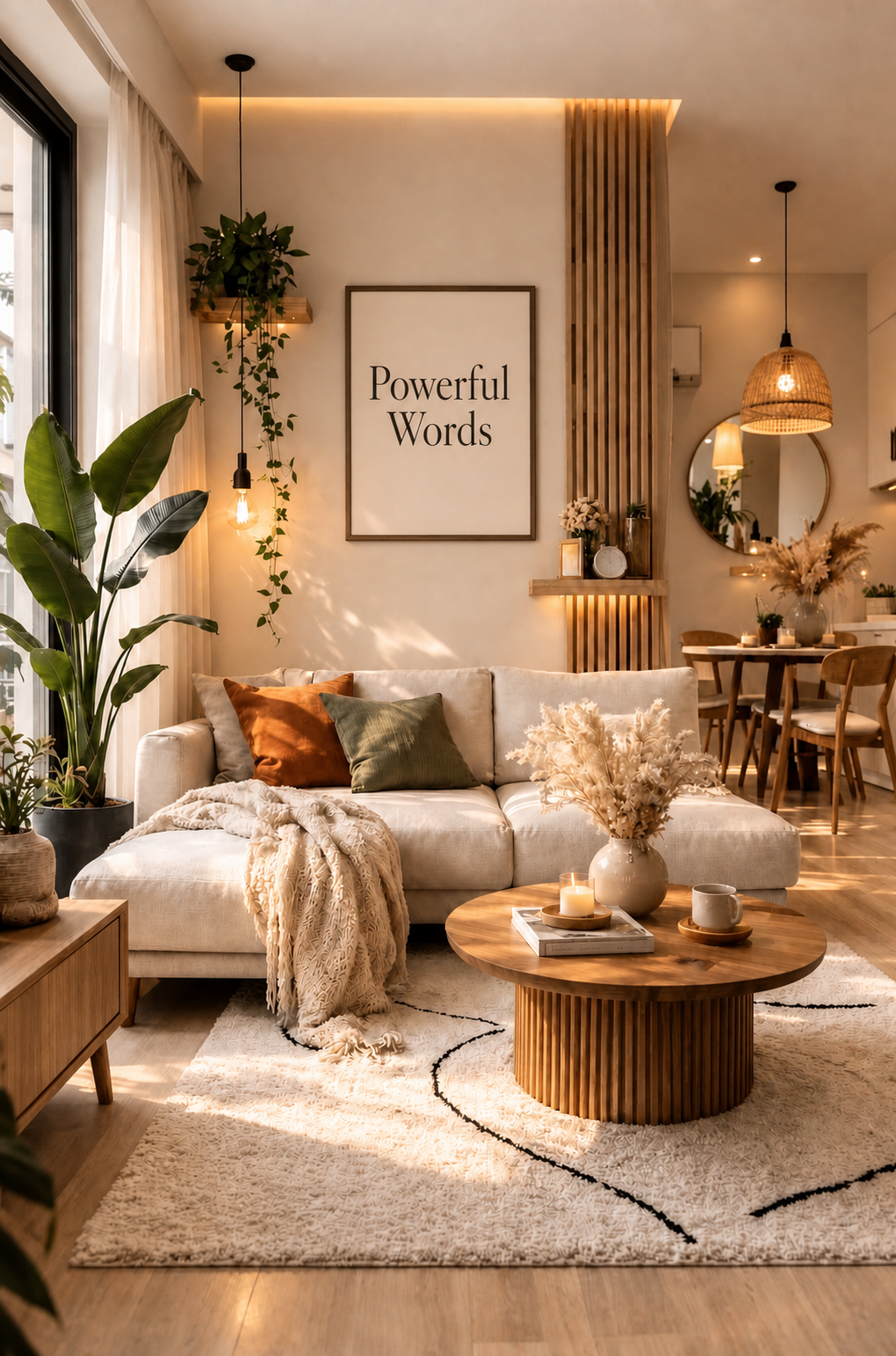 Warm living room featuring a Powerful Words artwork.